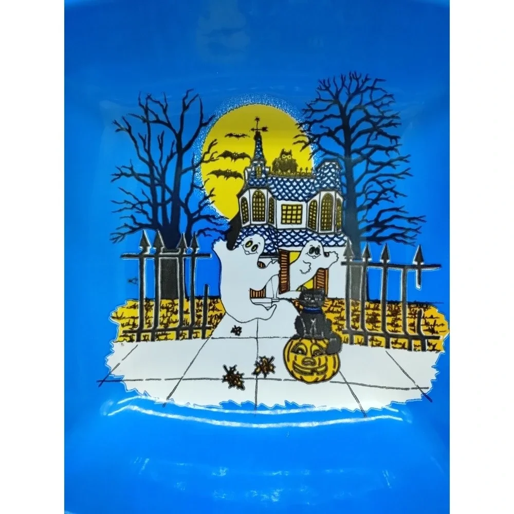 Vintage Berman Ind Halloween Candy Bowl Dish Black Cat Flying Ghosts Plastic